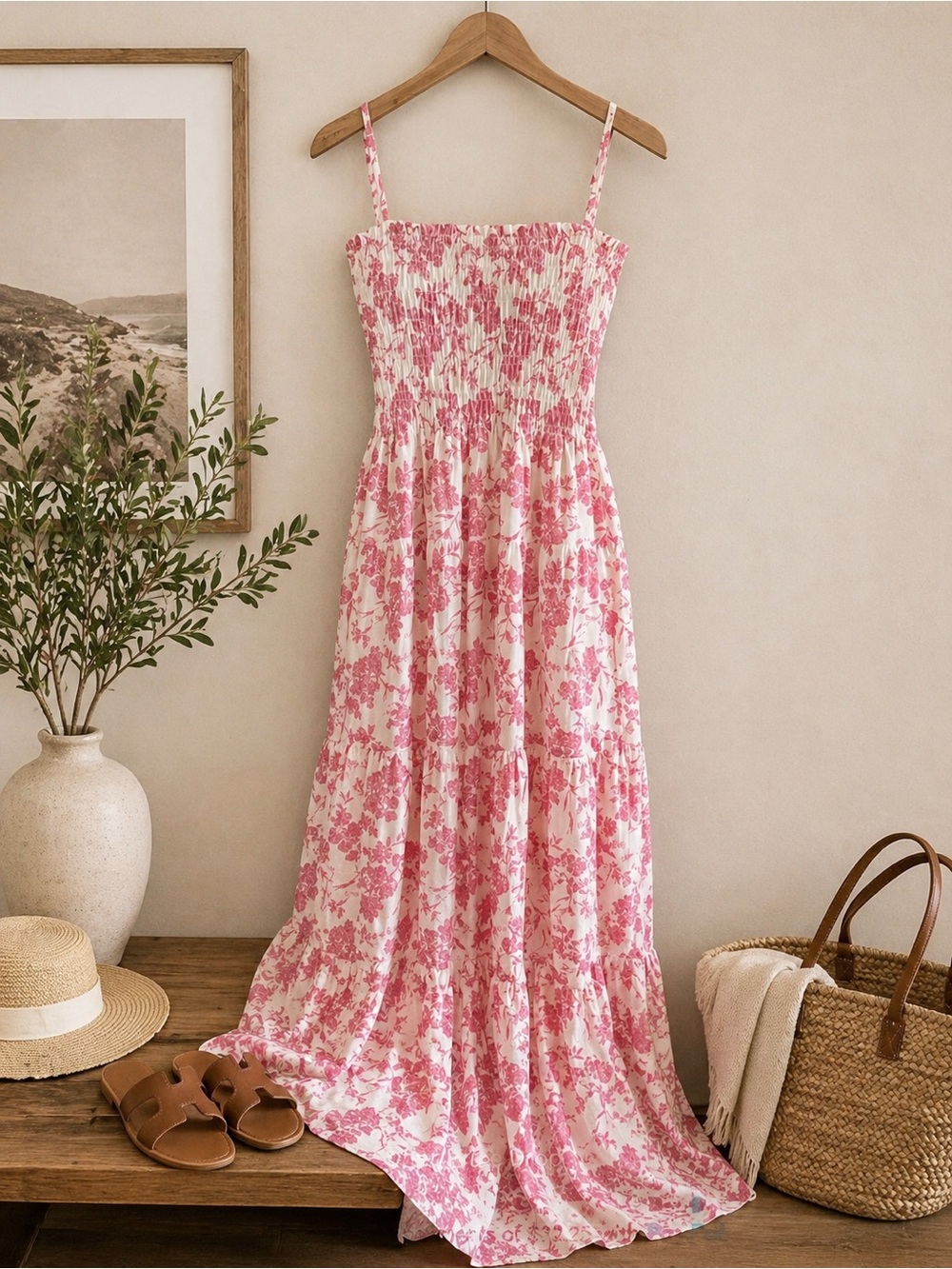 American Tall Pink White Floral Tiered Maxi Dress Smocked
